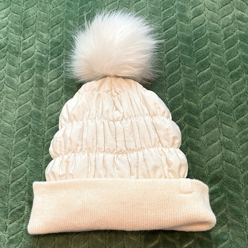 Skora Beanie Winter Hat Ivory Quilted Large Pom One Size